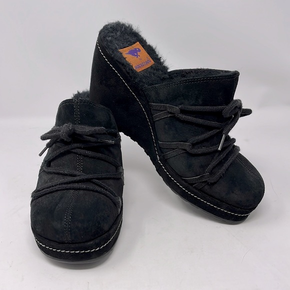 Rocket Dog Shoes Rocket Dog Platform Wedge Suede Fur Mules Black Sz